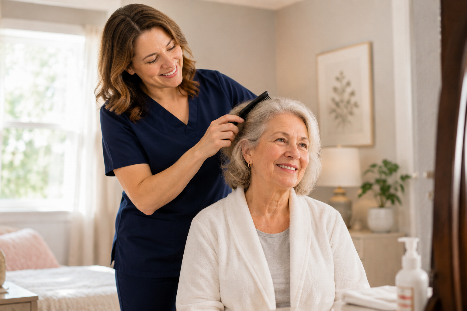 Caregiver providing personal hygiene assistance